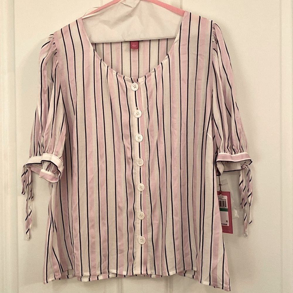 NWT Vince Camuto Striped Button Up short Sleeve Shirt Top Blouse Size L